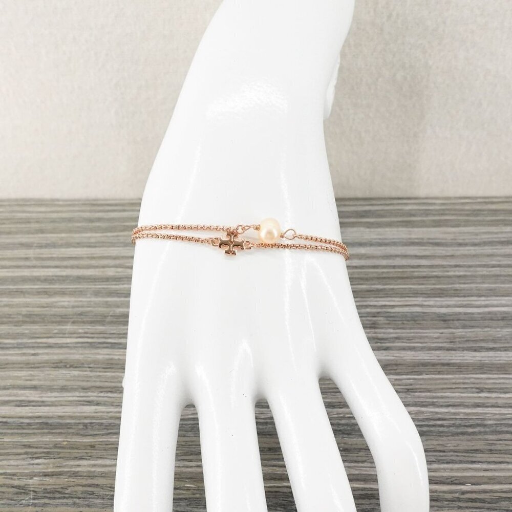 Tory Burch Logo Pearl Slider Adjustable Bracelet Rose Gold OS - Picture 4 of 12